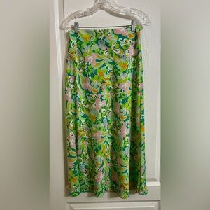 Floral A-Line Midi Skirt in Green and Pink